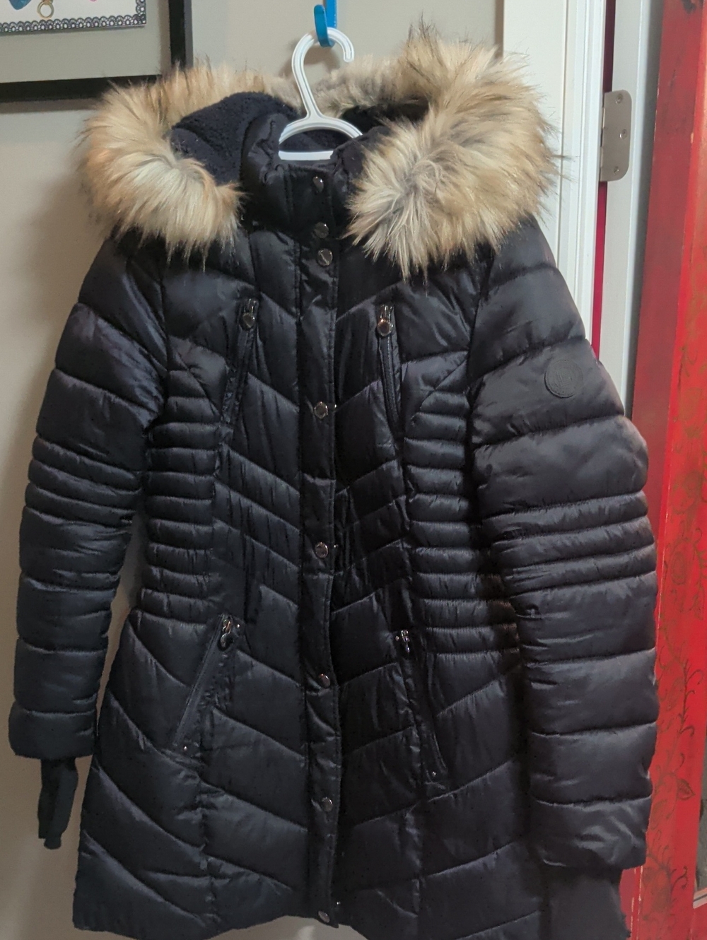 Laundry by Shelli Segal Womens Navy Blue Medium Cinched Waist Puffer Coat